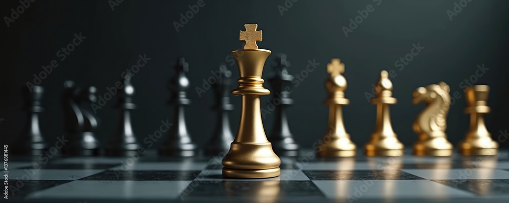 Gold king chess piece stands on board. Chessmen concept of business challenge, battle or leadership. Strategic planning, management, corporate strategy, success in competition. Fight for victory. Gold king chess piece stands on board. Chessmen concept of business challenge, battle or leadership. Strategic planning, management, corporate strategy, success in competition. Fight for victory.