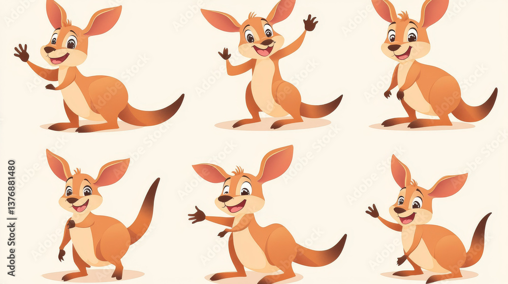 Naklejka premium Cute funny kangaroo cartoon character jumping with interested face emotion, standing and waving hand, lying with satisfied smile. Vector illustration set of Australia marsupial animal mascot.