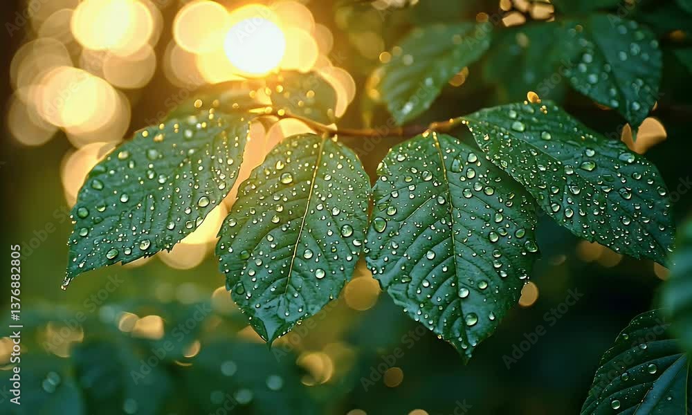 Dewy Green Leaves with Sunlight Bokeh in the Background Dewy Green Leaves with Sunlight Bokeh in the Background