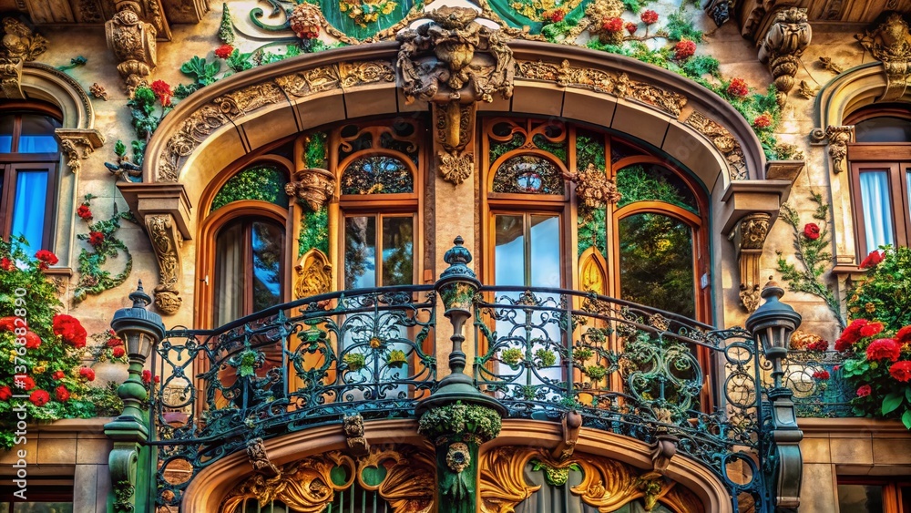 Obraz premium Art Nouveau Architectural Details: Ornate Facade & Intricate Ironwork