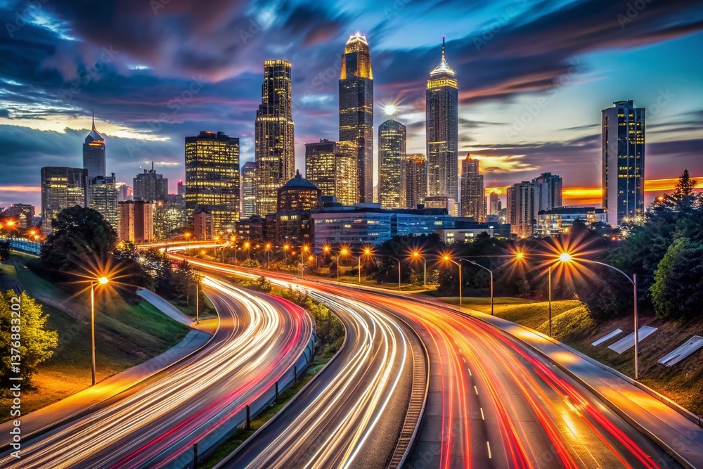 Fototapeta premium Atlanta Skyline Night Long Exposure Photography - Cityscape Lights Trails