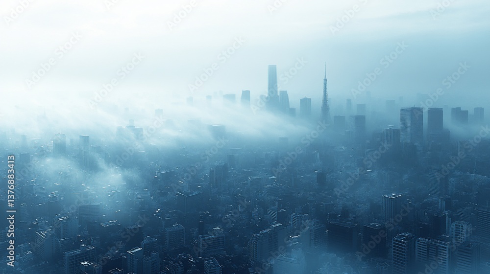 Fototapeta premium Urban Landscape Enshrouded in Mist: A Cityscape Veiled in a Blue Haze with Towering Structures