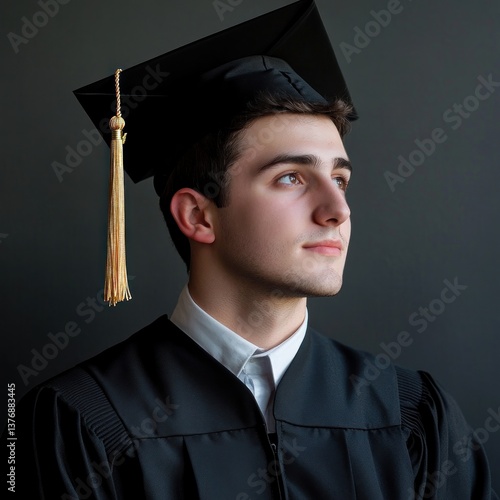 Young male graduate in cap and gown against a dark background.