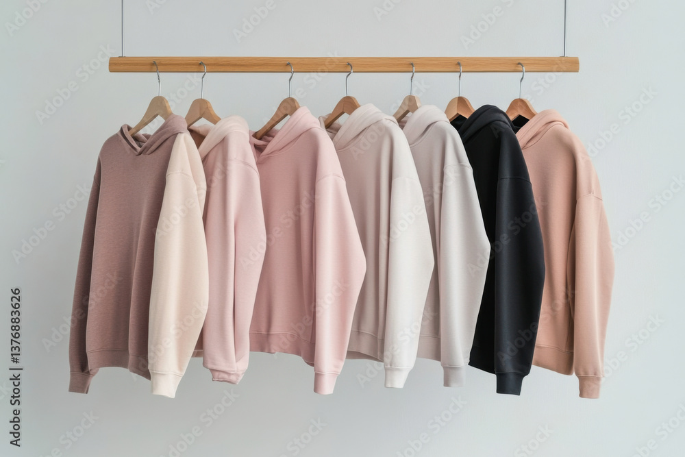 Lightweight summer hoodie mockup in pastel tones on wooden hanger Lightweight summer hoodie mockup in pastel tones on wooden hanger