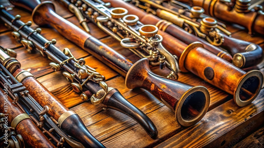 Naklejka premium Authentic Close-Up of Vintage Woodwind Instruments, Detailed Craftsmanship, Documentary Style Photography