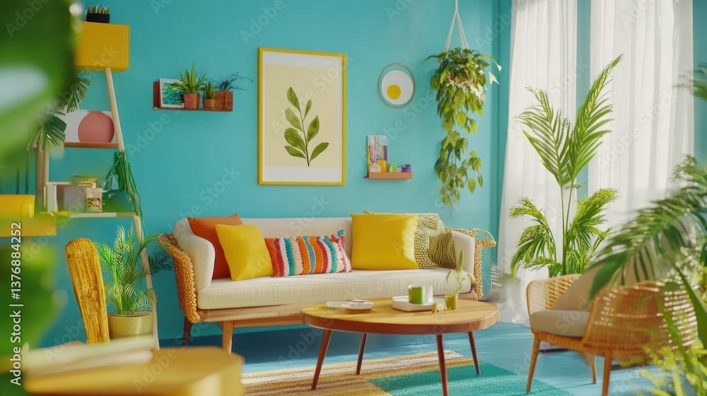 Fototapeta premium Vibrant Teal Living Room with Plants