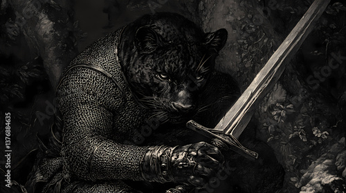 Dark chainmail-clad panther as a stealthy medieval knight. Fabled Engravings. Illustration