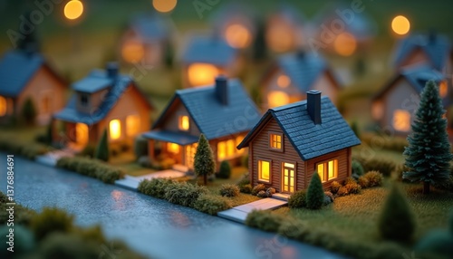 Wallpaper Mural Miniature houses arranged on table at dusk. Houses with lighted windows symbolize home ownership, real estate, investments. Night landscape with small trees, buildings. Residential neighborhood Torontodigital.ca