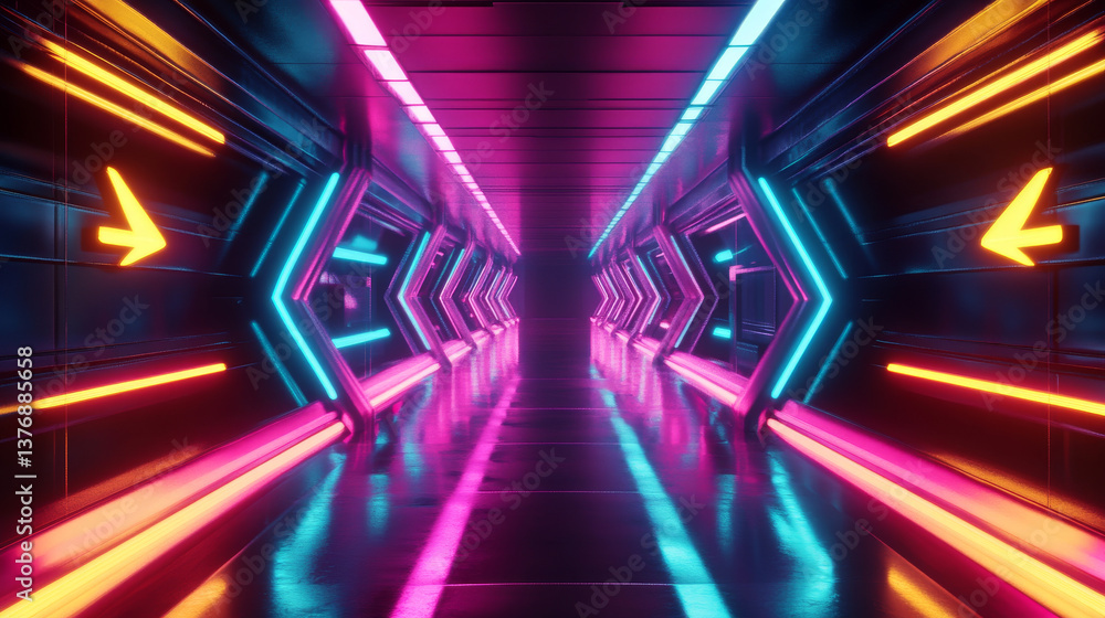 Naklejka premium Hallway room interior with neon arrow light on walls and reflections on floor. Realistic 3d background with path and luminous lamps. Abstract futuristic bg with perspective electric glow tunnel.