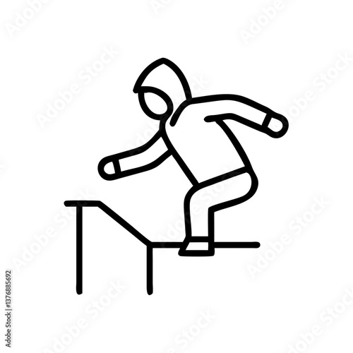 Parkour traceur in hoodie leaping over a railing with skill