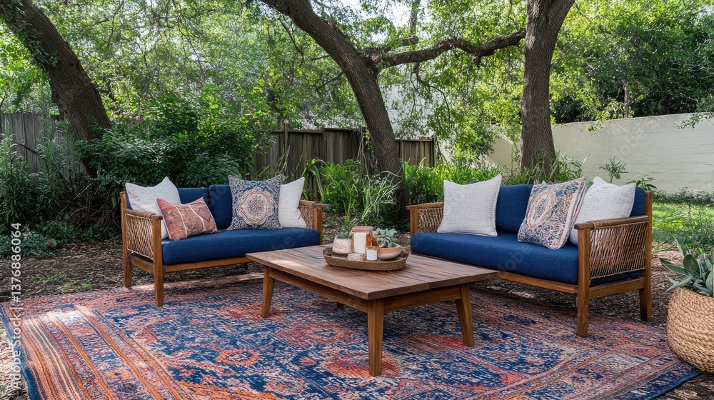 A chic outdoor seating area with a boho-style rug under a wooden coffee table, blending nature with comfort.