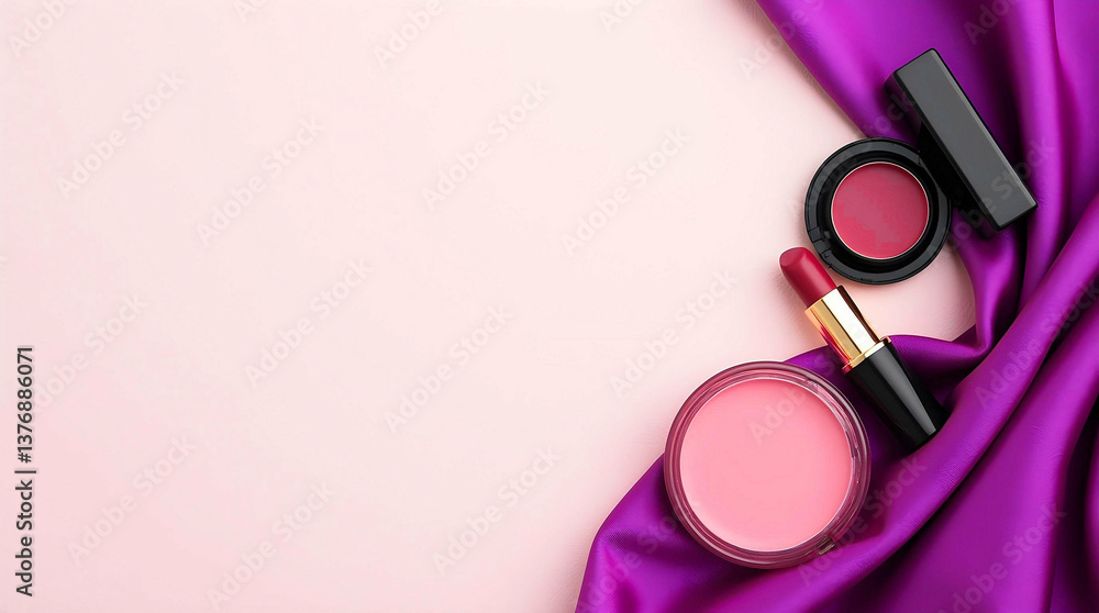A set of cosmetics with lipstick and blush against the background of purple fabric, creating an atmosphere of elegance and style with Copy Space . A set of cosmetics with lipstick and blush against the background of purple fabric, creating an atmosphere of elegance and style with Copy Space .