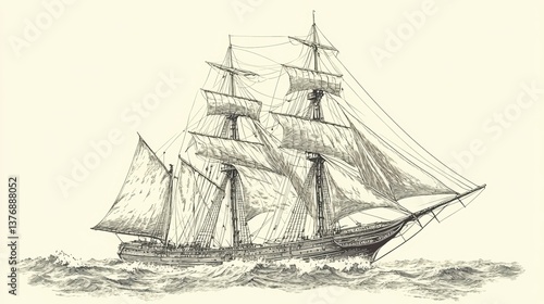 Detailed pencil sketch of a three-masted schooner sailing on the ocean.