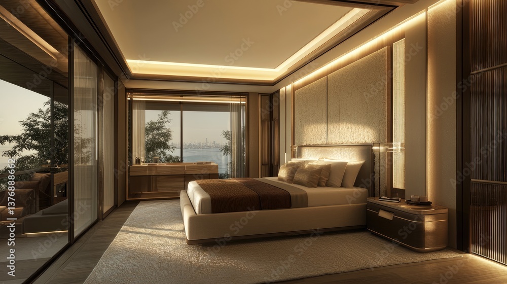 Fototapeta premium A contemporary master bedroom with a statement headboard, neutral color palette, and elegant dcor.