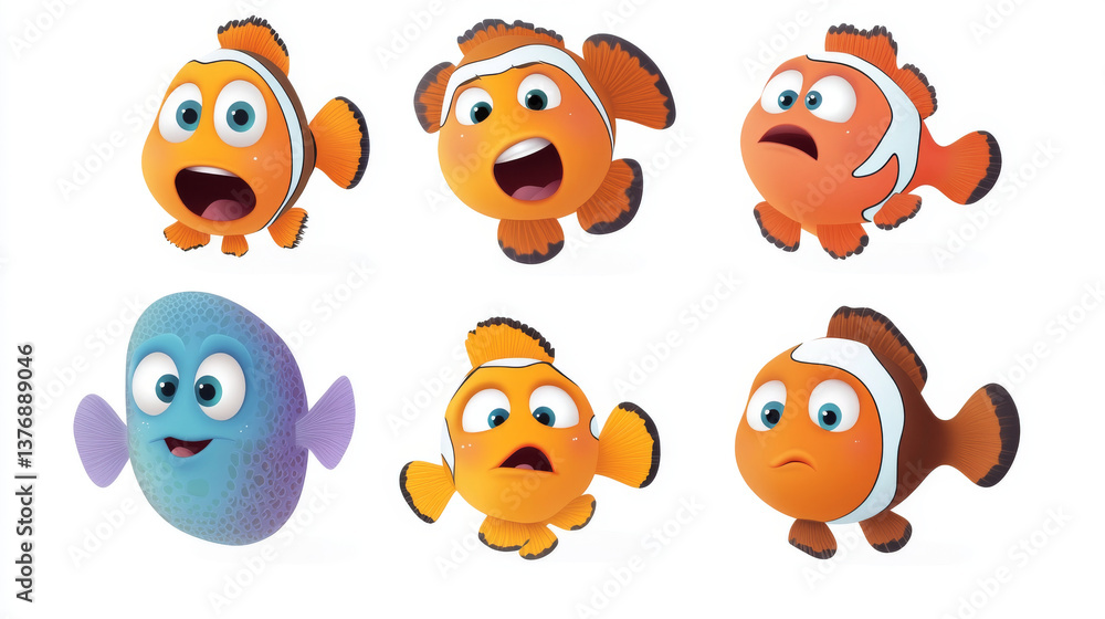 Obraz premium Set of fish emoji characters isolated on background. Vector cartoon illustration of funny clownfish, striped yellow and purple sea animal smiling, crying, angry, happy, sad, colorful mascot design