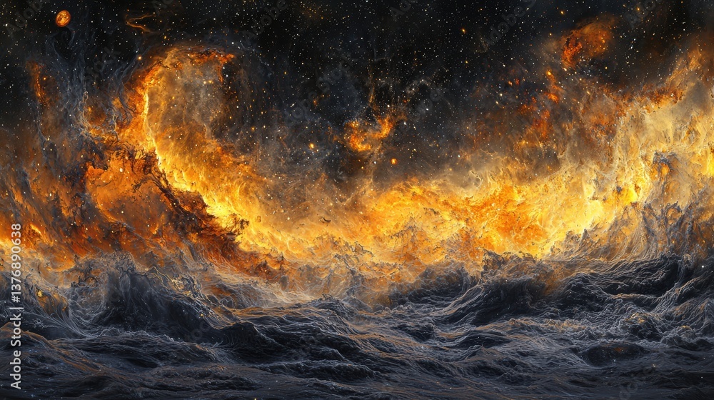 Cosmic Inferno Over Celestial Waters. Cosmic Inferno Over Celestial Waters.
