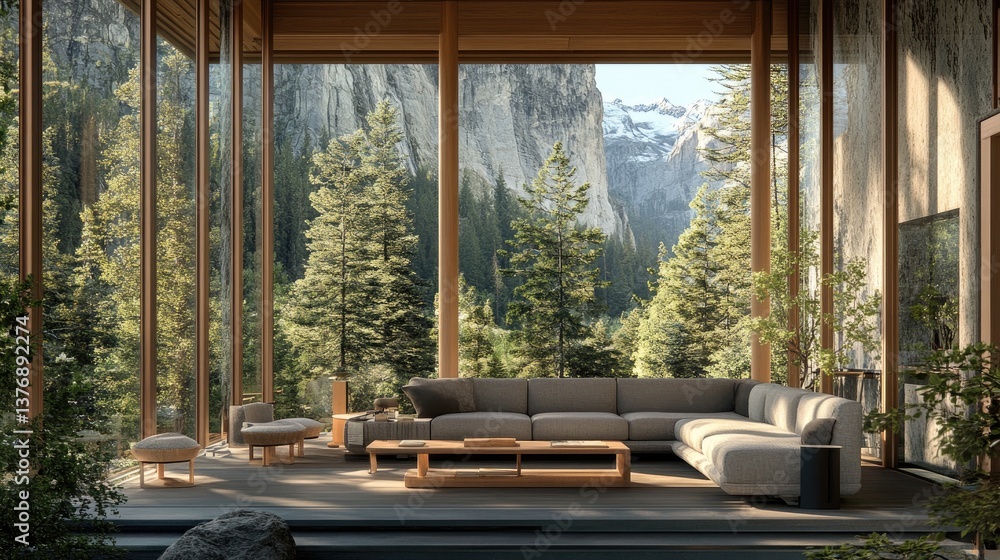 Fototapeta premium A cozy yet modern Scandinavian living room with a soft gray sofa, wooden accents, and large windows letting in natural daylight.