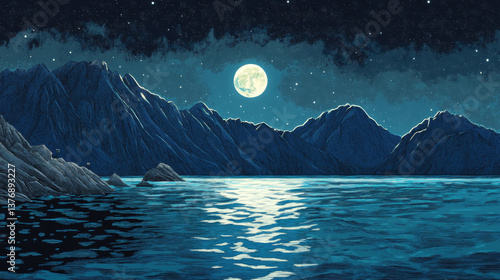 Night sky and mountain landscape cartoon illustration. Vector design of full moon glowing above sea surface and rocky ridge, sparkles shimmering in air, moonlight reflection on water. Scenic nature