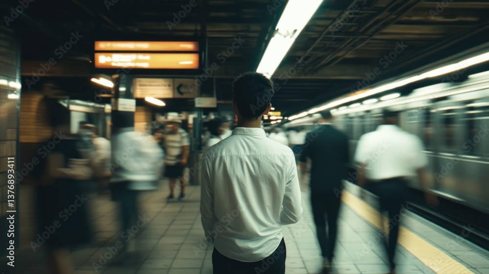 Fototapeta premium A man in a white shirt standing on a busy subway platform surrounded by commuters and an arriv