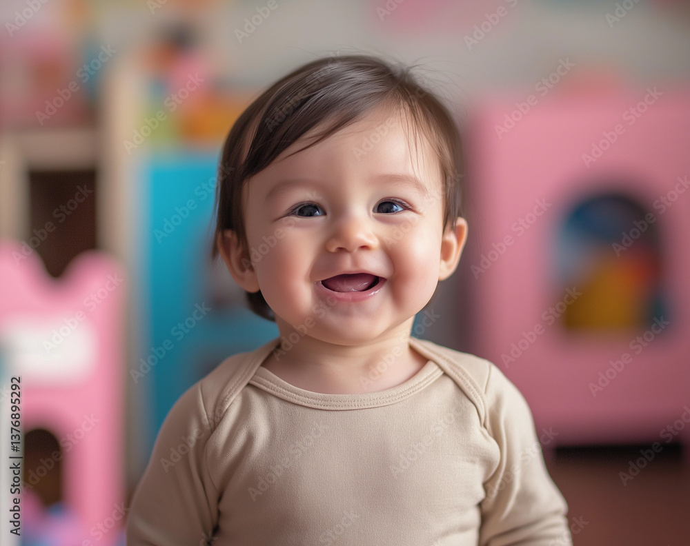 Joyful Baby Boy Smiling in a Pastel Nursery Room Joyful Baby Boy Smiling in a Pastel Nursery Room