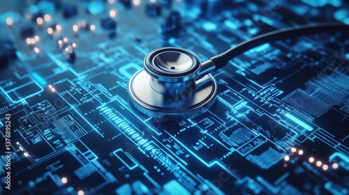 Minimalist modern medical concept with a stethoscope resting on a high-tech lab surface.