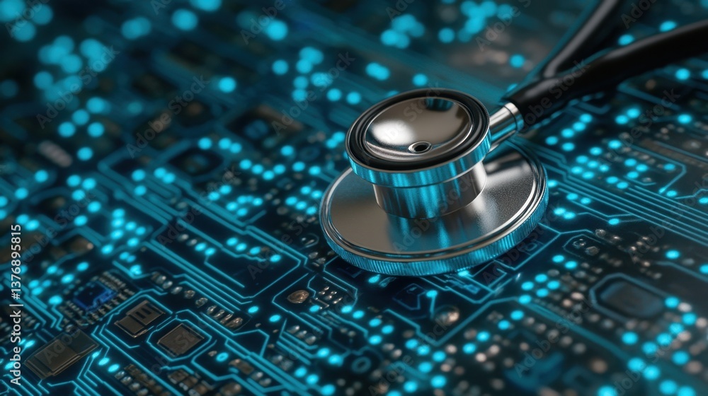 Stethoscope diagonally placed on a glowing blue circuit board pattern representing medical technology. Stethoscope diagonally placed on a glowing blue circuit board pattern representing medical technology.