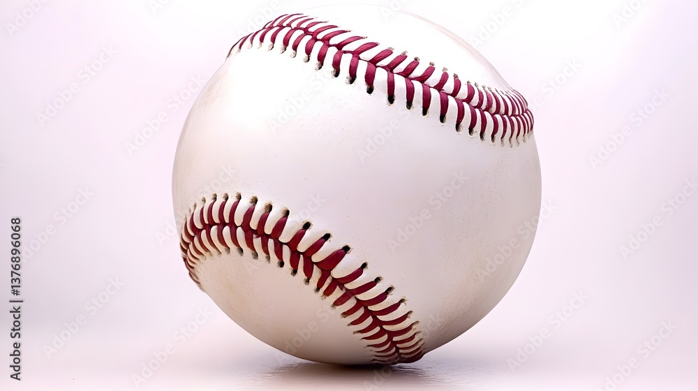 A pristine white baseball with vibrant red stitching sits perfectly centered against a clean white background ready for game day. A pristine white baseball with vibrant red stitching sits perfectly centered against a clean white background ready for game day.