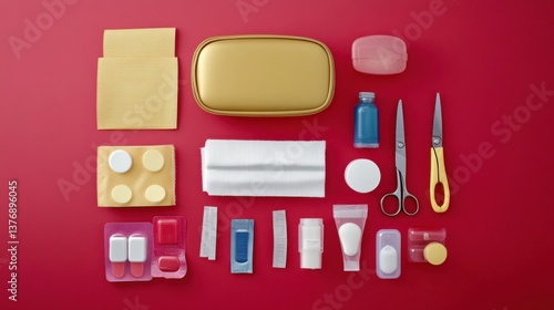 Top-down view of a neatly arranged first aid kit, bandages, and medical scissors on a red background.
