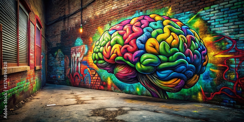 Fototapeta premium Cartoon Brain Urban Exploration: Grungy Alleyway with Brain Graffiti Art