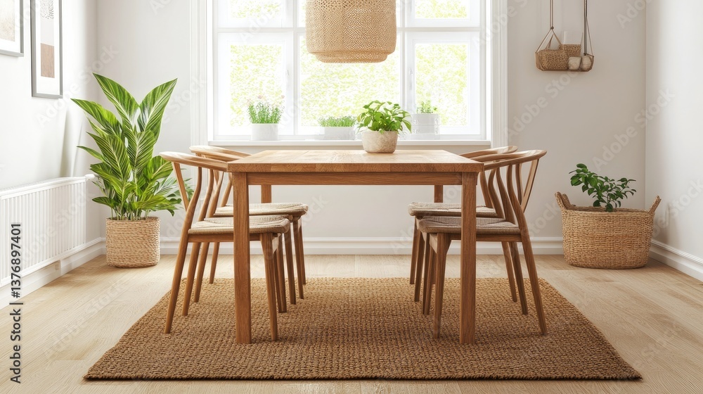 Fototapeta premium A modern dining area with a neutral-toned area rug under a wooden table, creating a warm and inviting atmosphere.