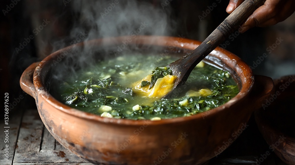 Nepalese Gundruk Fermented Leafy Greens being stirred a clay pot long exposure capturing the motion of steaming hot broth traditional Himalayan setting Nepalese Gundruk Fermented Leafy Greens being stirred a clay pot long exposure capturing the motion of steaming hot broth traditional Himalayan setting