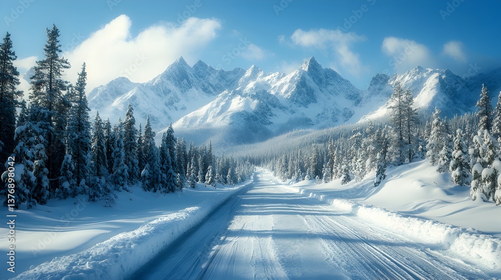 A scenic winter road winds through a snow covered forest towards majestic snow capped mountains under a brilliant blue sky. A scenic winter road winds through a snow covered forest towards majestic snow capped mountains under a brilliant blue sky.
