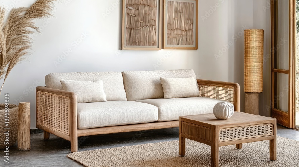 Fototapeta premium A modern Nordic-style living room with clean lines, wooden furniture, and a neutral fabric sofa for a calming, clutter-free aesthetic.