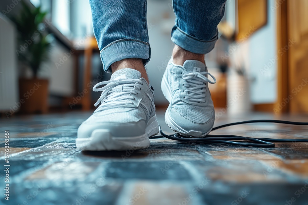Young man stumbling over electric cord in office or at home, legs in sneakers and jeans tripping over black power cord on floor