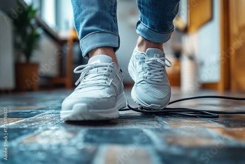 Obraz na płótnie Young man stumbling over electric cord in office or at home, legs in sneakers and jeans tripping over black power cord on floor w salonie