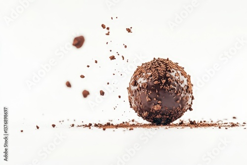 A single chocolate truffle coated in cocoa with small flying pieces