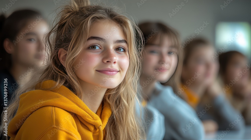 Happy high school teenagers enjoying interesting class with teacher in modern classroom