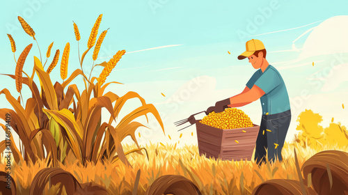 Man farmer work on corn field, countryman with pruner and wooden box collecting crop. Harvesting, farming concept with villager on summer maize meadow landscape background, Cartoon vector illustration