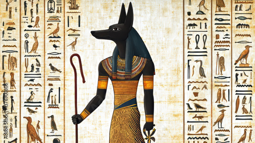 Ancient Egypt papyrus with anubis dog, jackal head cartoon vector. Ancient paper with hieroglyphs, storing information, Egyptian culture religious symbol with sun god isolated on white background