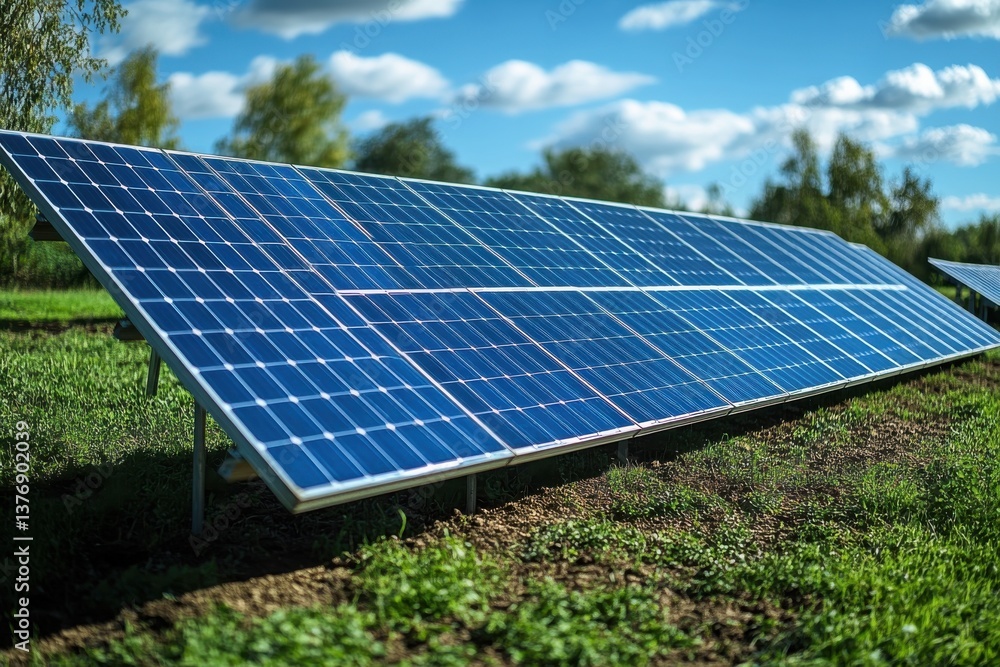 Solar panels harness sunlight in a grassy field, providing clean energy Solar panels harness sunlight in a grassy field, providing clean energy