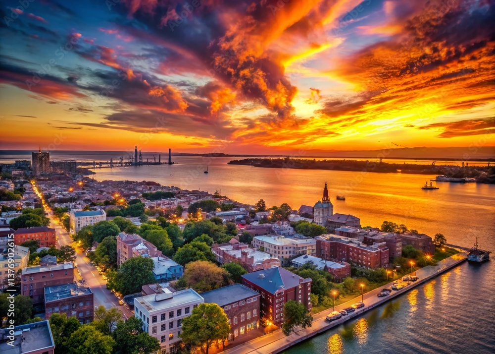 Obraz premium Charleston SC Aerial Silhouette Downtown Waterfront Sunset Flyover