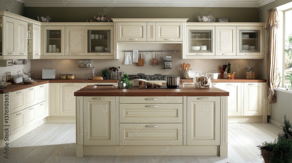 Fototapeta premium A kitchen space with a natural wood island and white cabinets, ideal for cooking shows