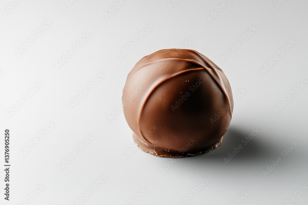 A single round dark chocolate candy placed on a white background A single round dark chocolate candy placed on a white background