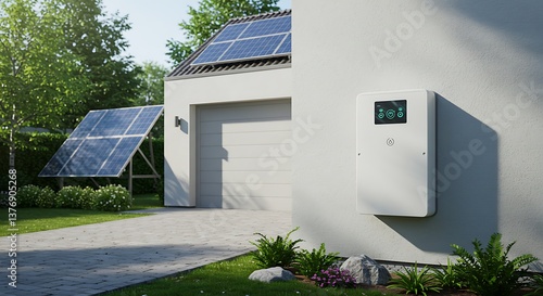 Solar Panel System with Battery on House Wall for Clean Energy