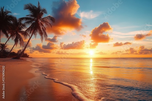 Tropical Beach Sunset with Palm Tree Silhouettes in Punta Cana