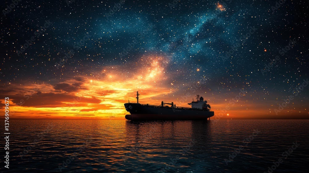 Naklejka premium Ship Under a Starry Night Sky
