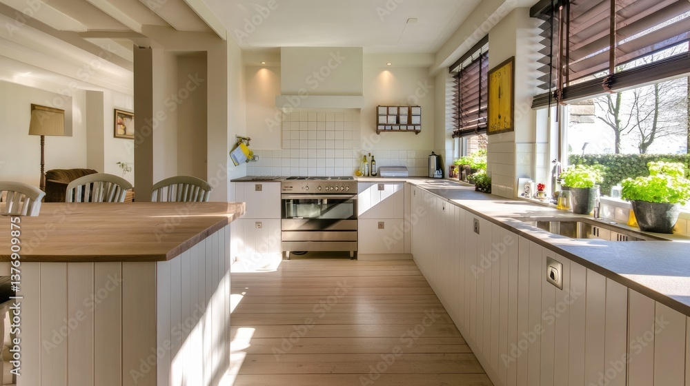 Fototapeta premium A polished kitchen with wooden countertops and white panel walls, ready for filming