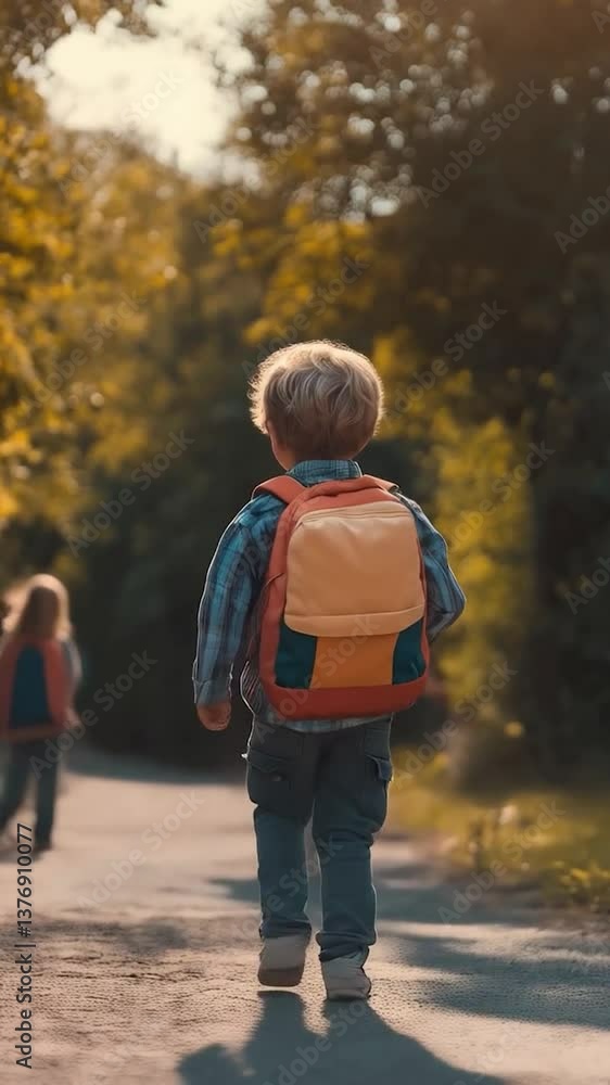 boy walking with backpack on the first day of school, returning to school on a sunny street with happiness, education, and childhood
boy walking with backpack on the first day of school, returning to school on a sunny street with happiness, education, and childhood