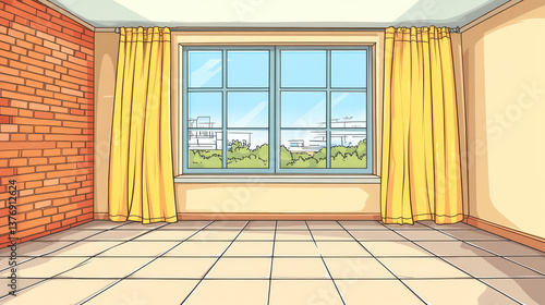 Empty room background, large light apartment interior with decorative brick wall decor, tiled floor and window with yellow curtains. Abstract studio, office, kitchen indoor Cartoon vector illustration