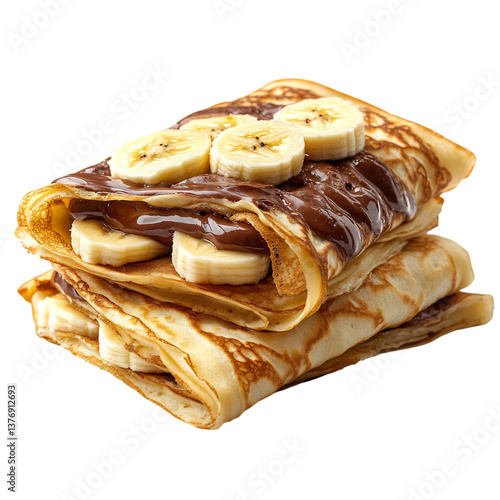 A Stack of Crepes Filled with Nutella and Topped with Chocolate and Bananas Isolated on Transparent Background